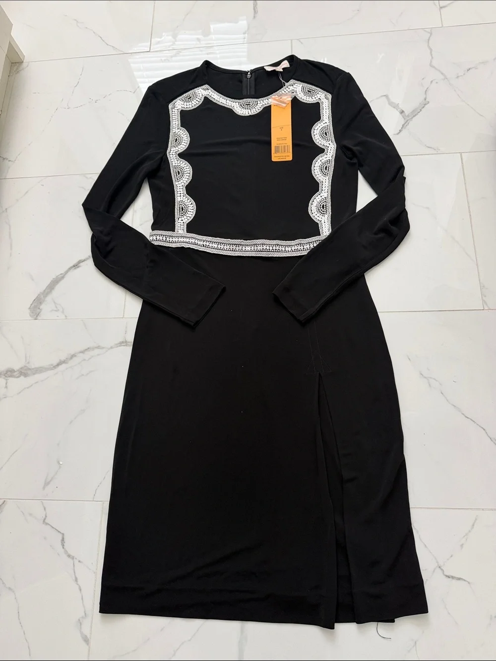 Tory Burch Maci long-sleeve silver-toned beaded scalloped embroidery neckline